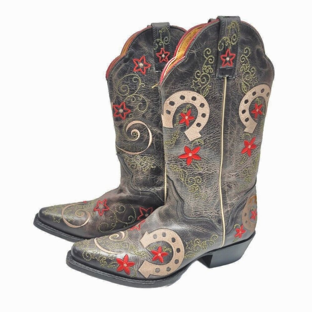 S O L D  NEW⭐Leather Boots Lady's Size 6.5 (Lucky Horse Shoe / Country Western)